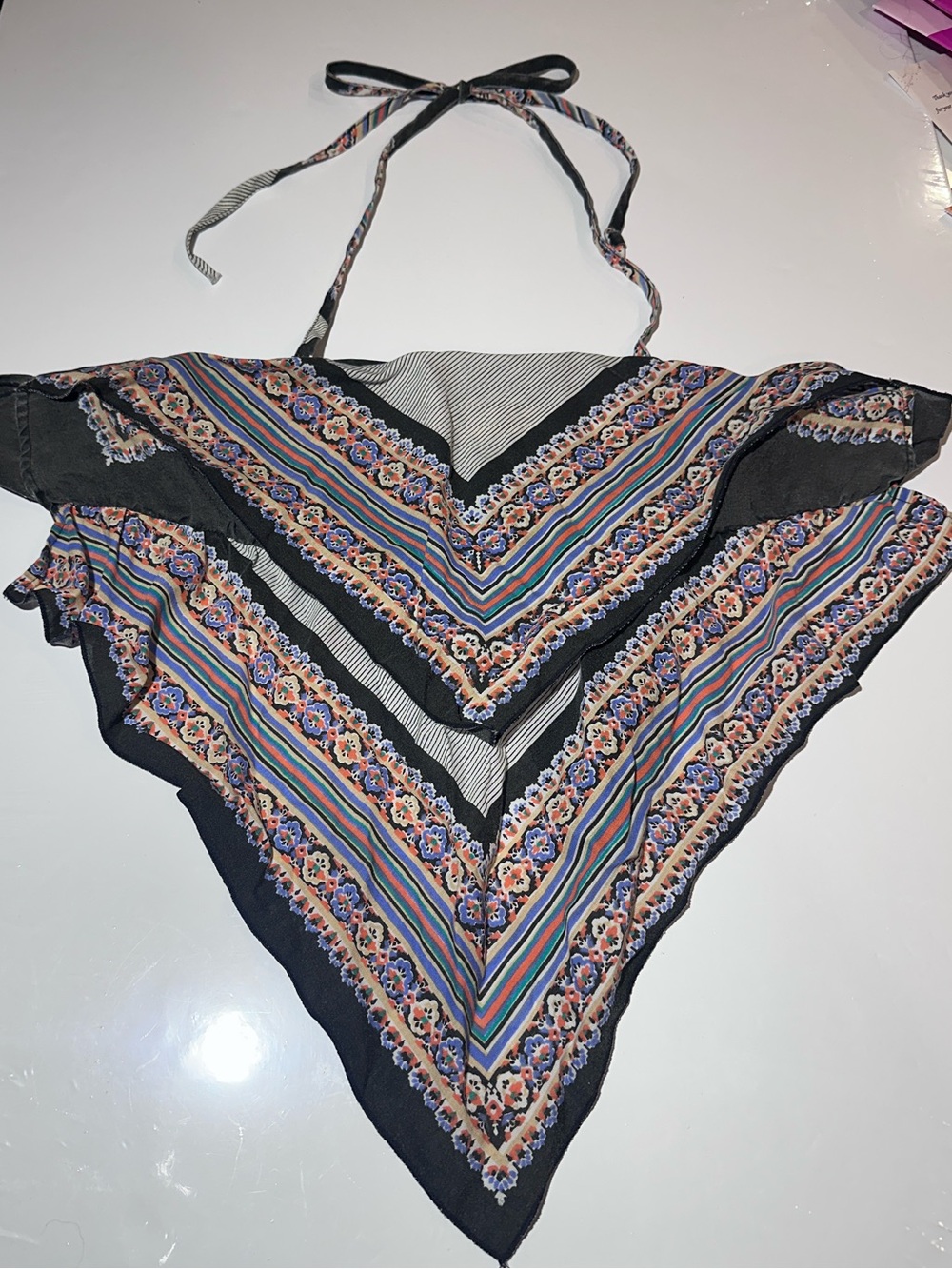 Vintage 70s Handkerchief Top Black Multicolor Halter Bandana Top